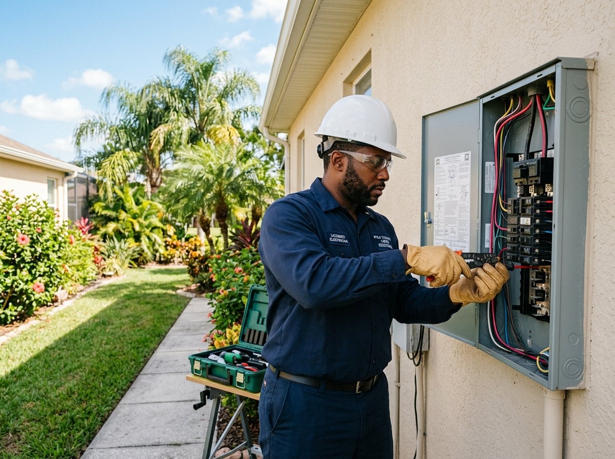 Licensed electrician carefully testing a residential electrical breaker panel at an Auburndale Florida home