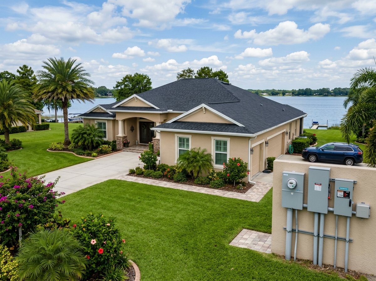 Single-story Florida home near Lake Ariana in Auburndale featuring professional electrical meter and generator service equipment