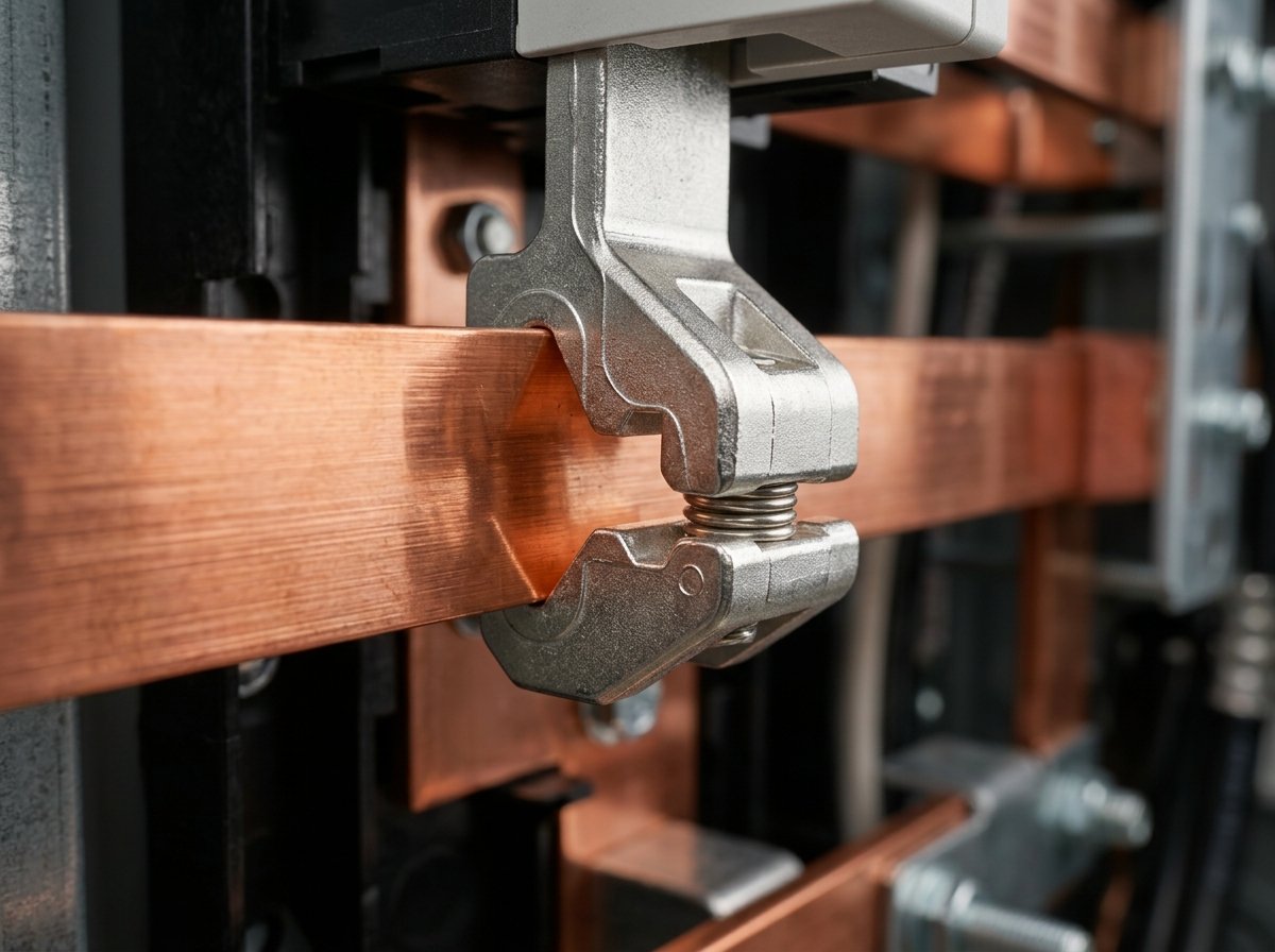 Macro detail of heavy-duty utility meter socket spring jaws showing zero oxidation and calibrated torque connections
