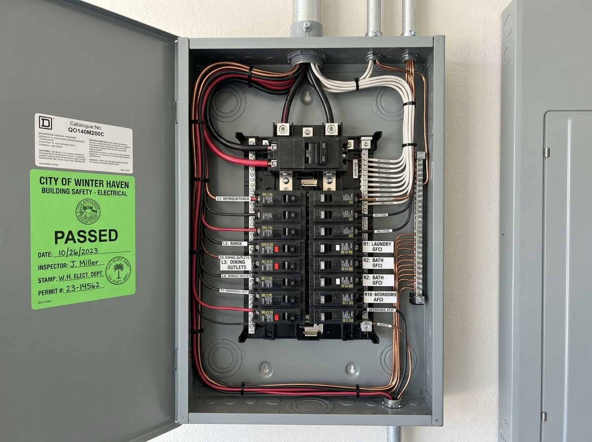 Licensed master electrician inspecting new Duke Energy compliant 200 amp electric meter socket in Winter Haven FL