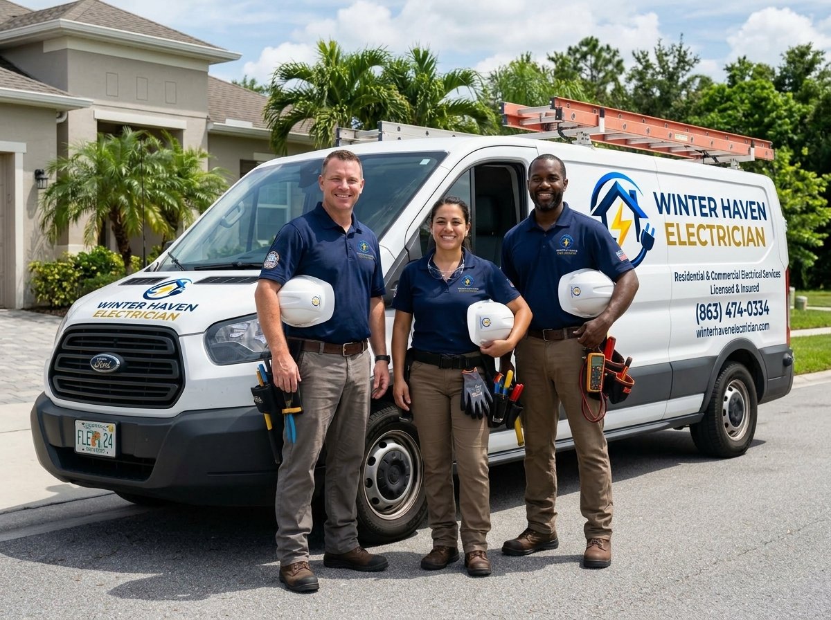 Winter Haven Electrician team standing beside clean equipped electrical service vehicle