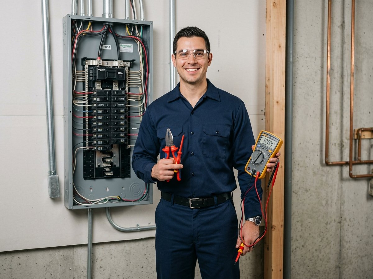 Licensed emergency electrician standing with diagnostic multimeter and insulated hand tools ready for dispatch in Winter Haven FL