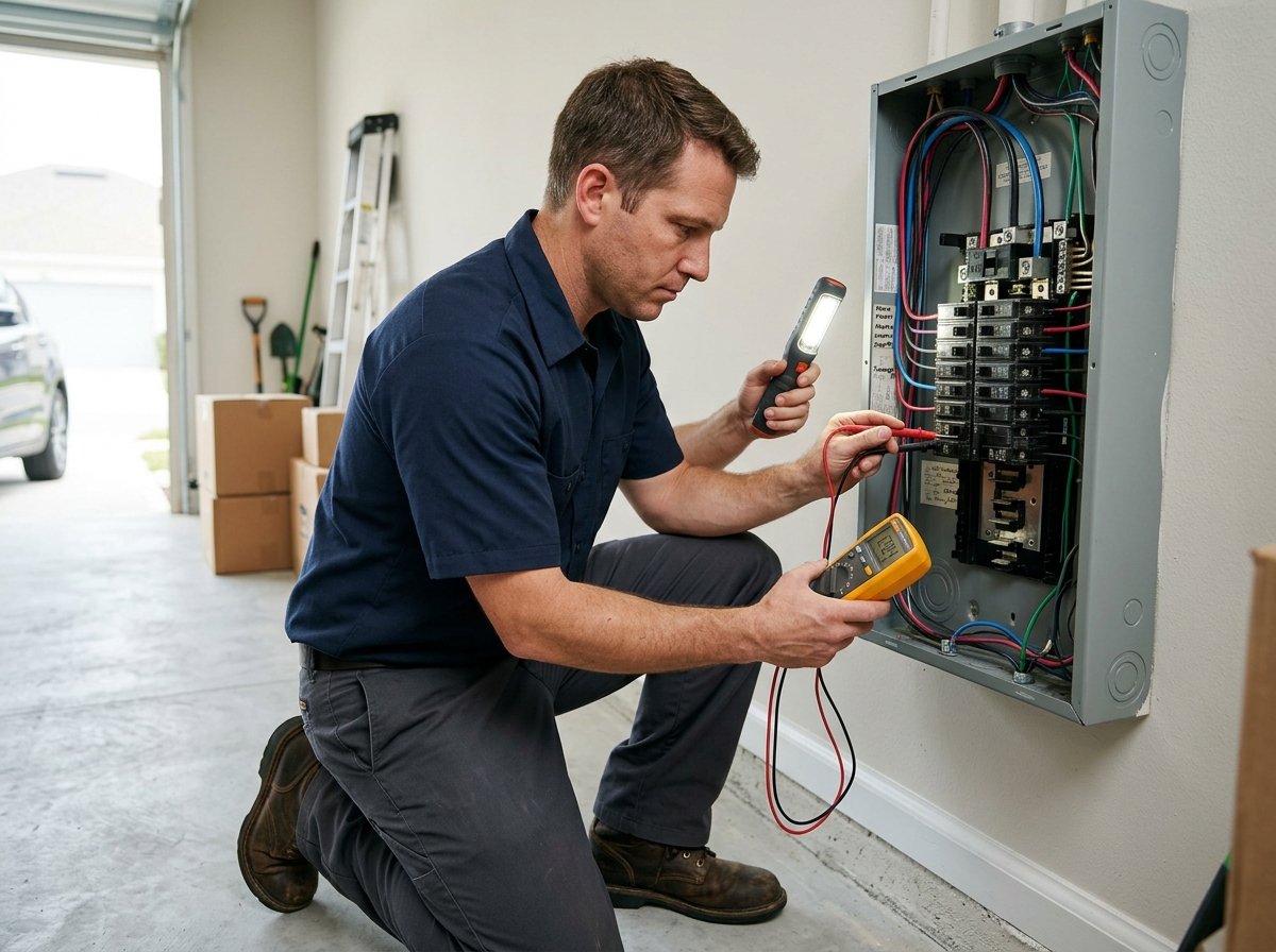 Licensed emergency electrician testing residential circuit breaker panel with multimeter and work light in Winter Haven FL
