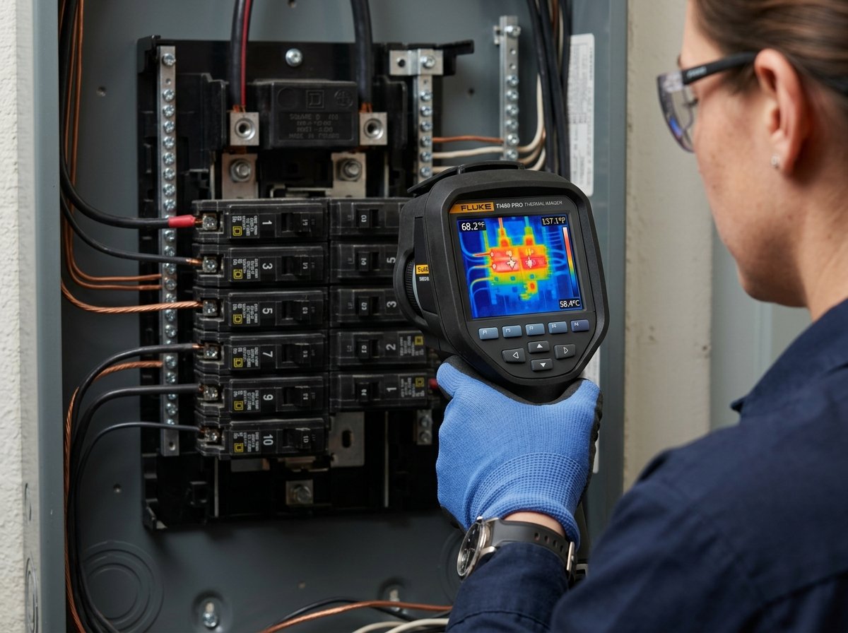 Electrician using handheld infrared thermal imager to detect overheated breaker connections in an emergency service call