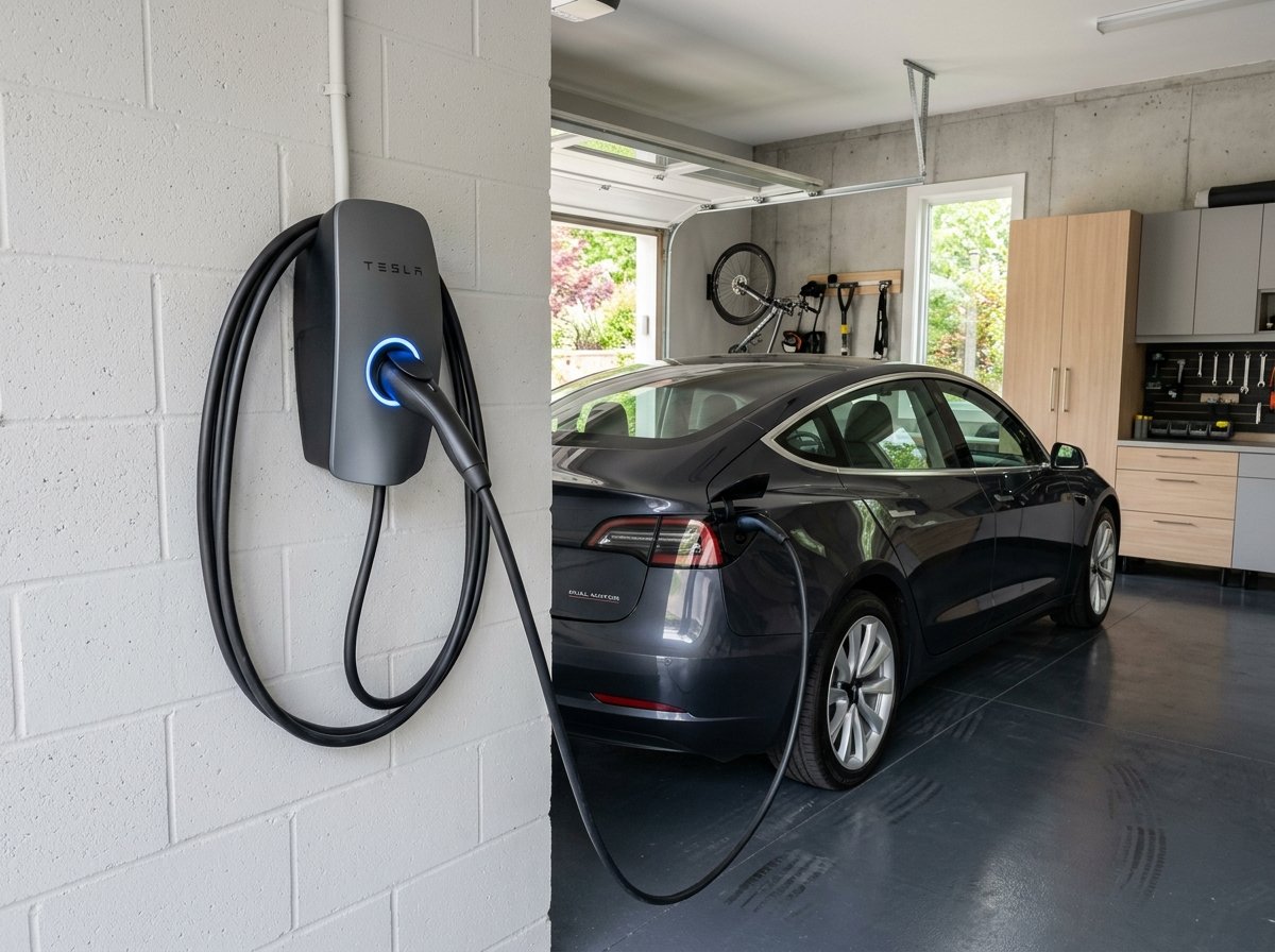 Level 2 EV charging station installed on a clean residential garage wall
