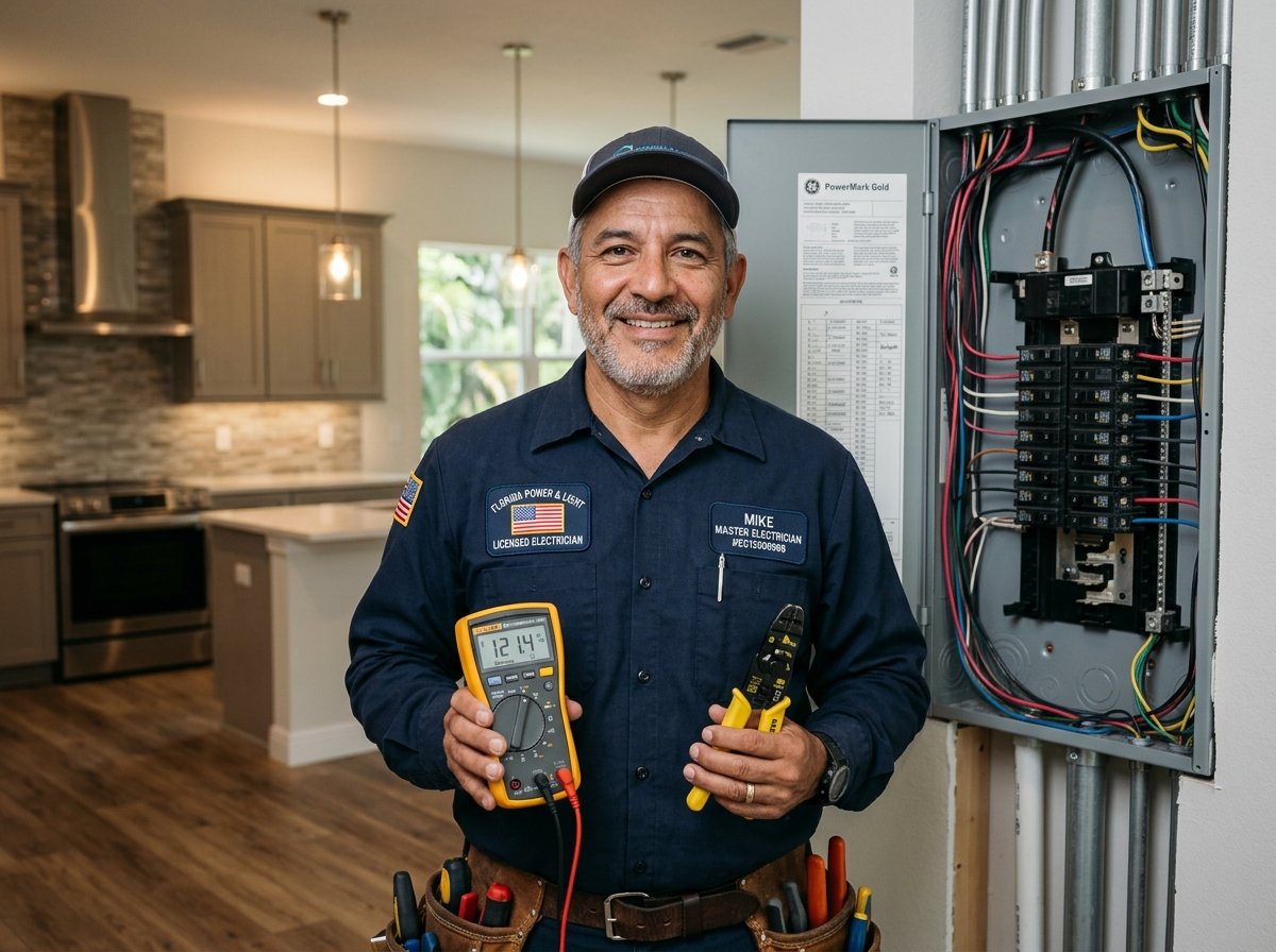 Certified master electrician holding diagnostic tools in a modern residential setting