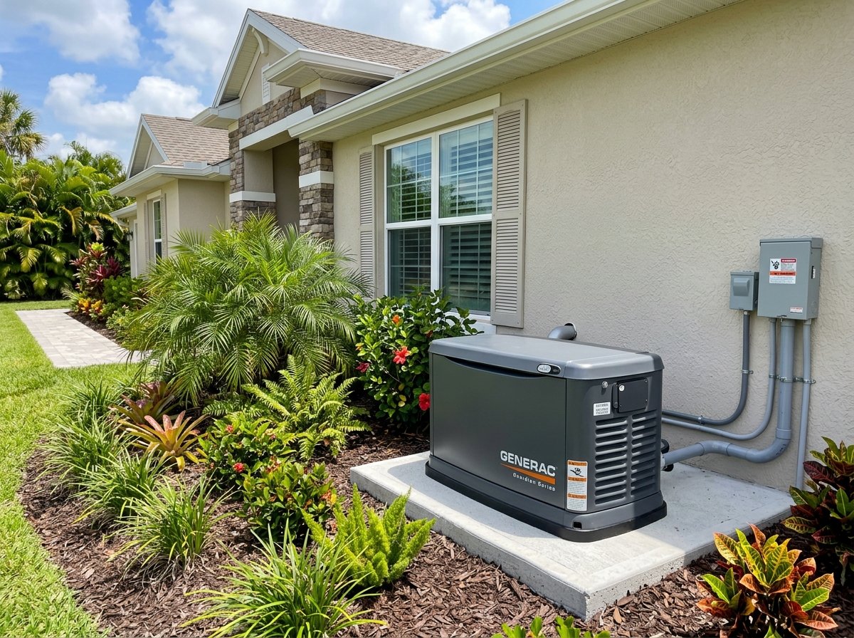 Whole house standby generator installed on a concrete pad outside a Florida home