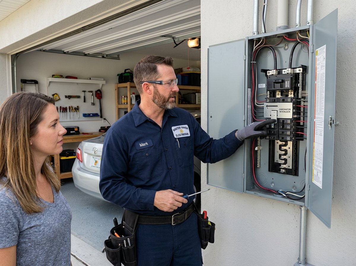 Electrician installing mechanical generator interlock kit on residential electrical panel in Winter Haven FL