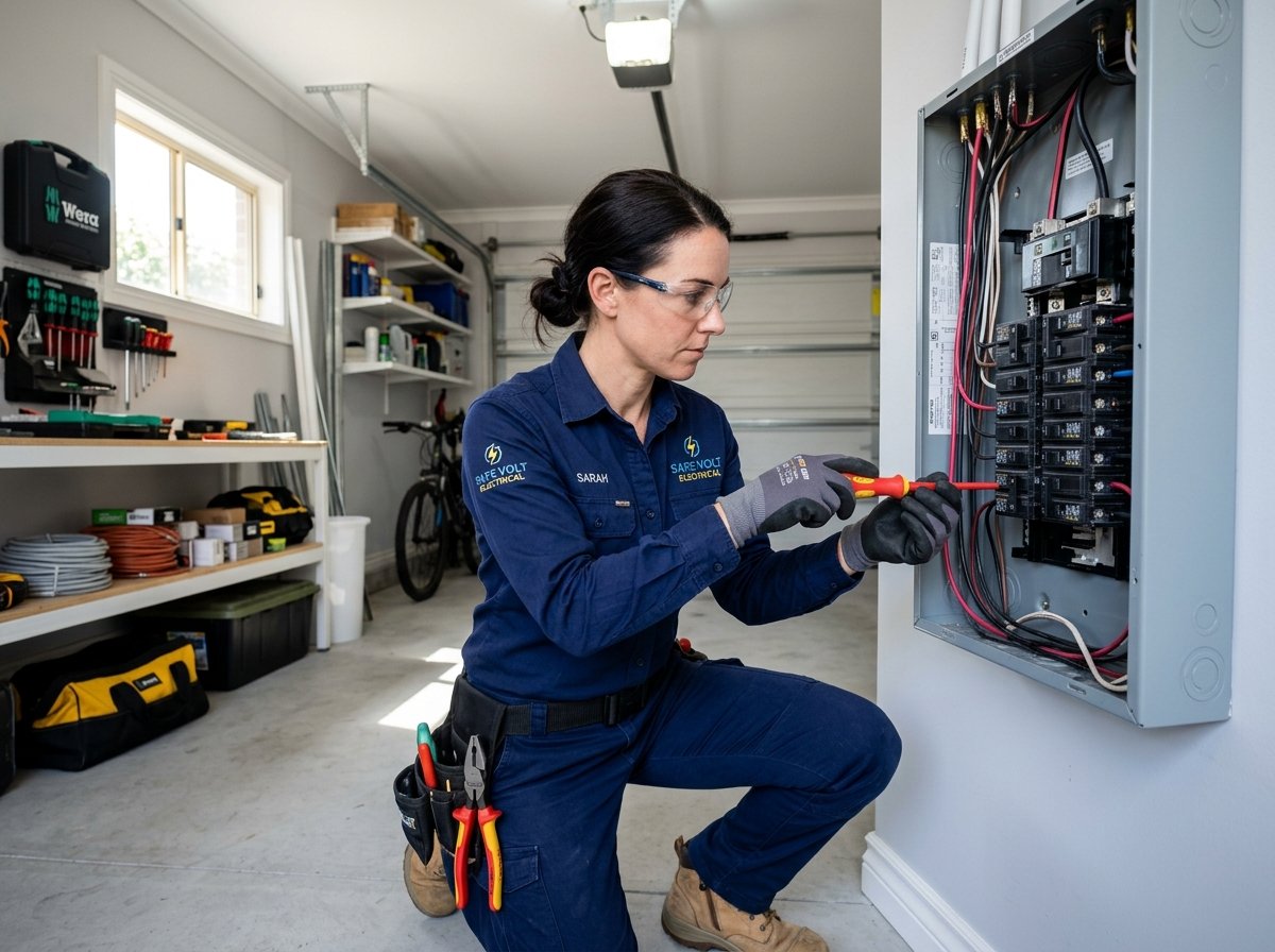 Professional electrician safely working at a residential electrical breaker panel in Winter Haven Florida