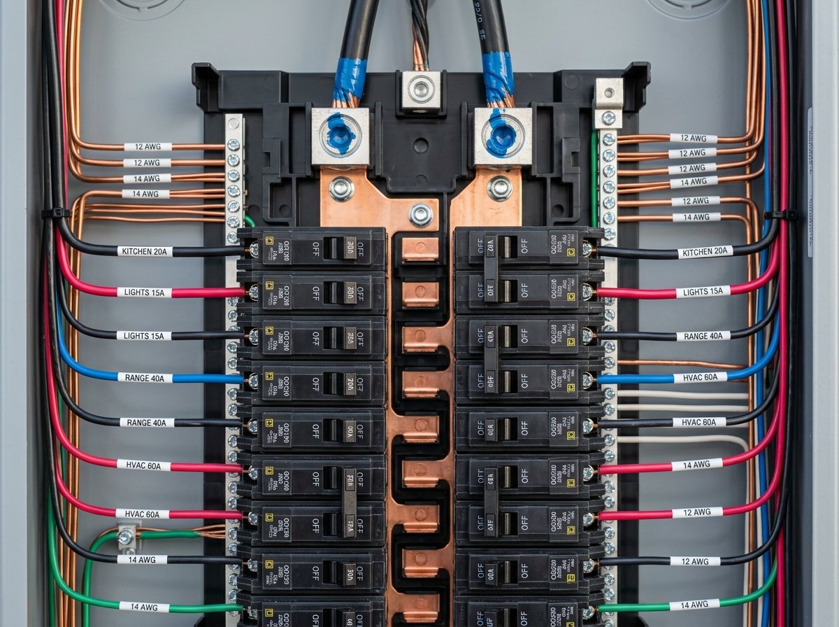Macro view of neatly wired 200-amp electrical panel with copper busbars, labeled breakers, and torque markings