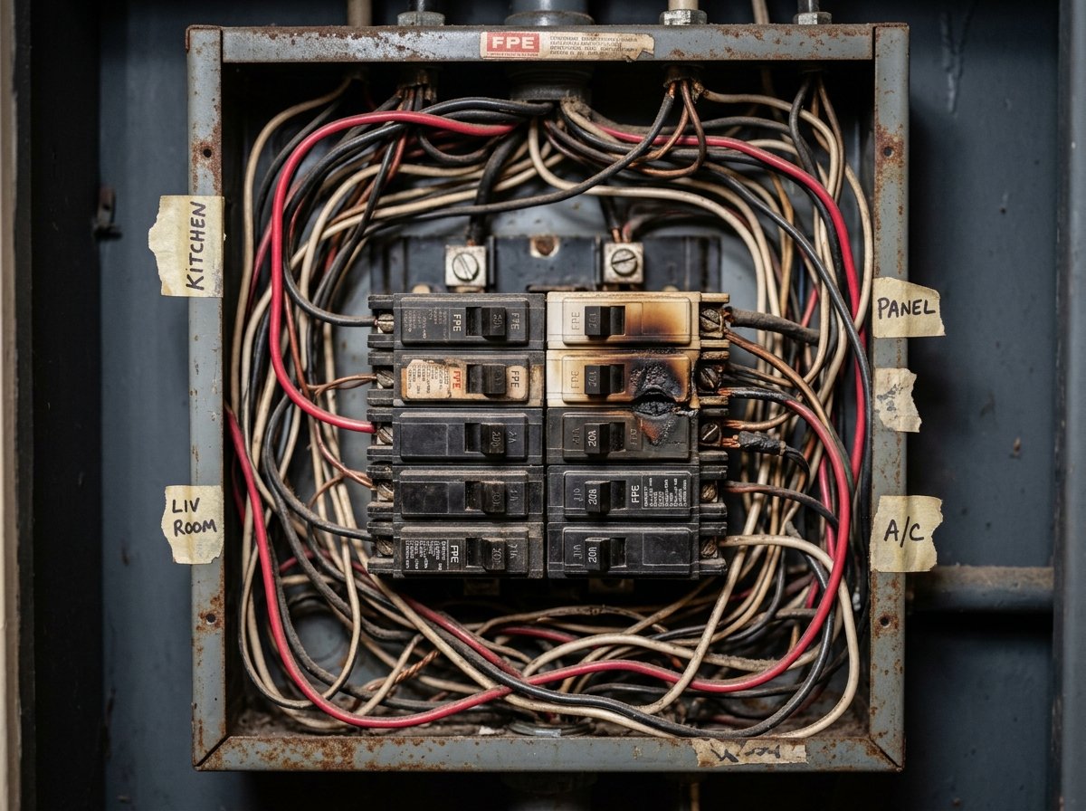 Vintage Federal Pacific Electric Stab-Lok breaker panel showing burned breaker contacts and tangled wiring that failed inspection