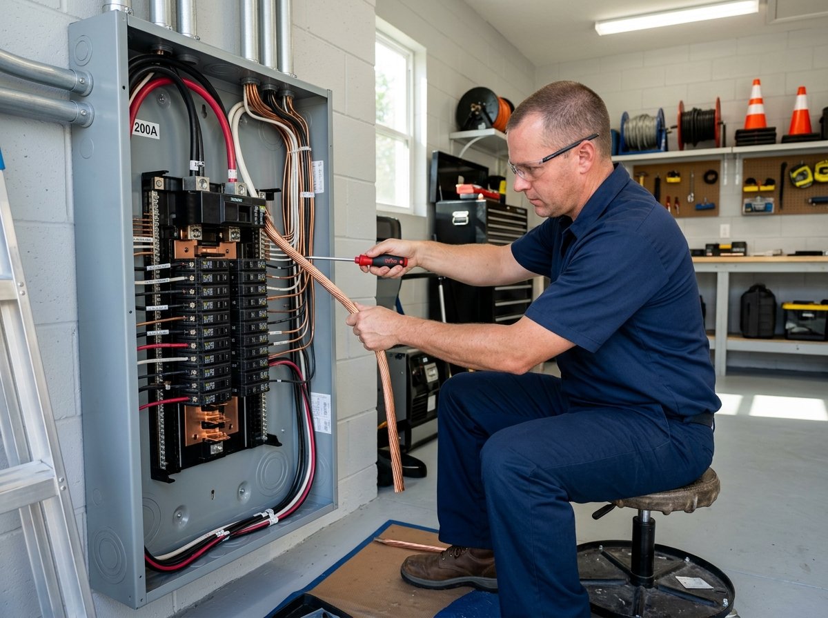 Licensed electrician terminating heavy copper service conductors in a new 200-amp breaker box in a clean Winter Haven garage