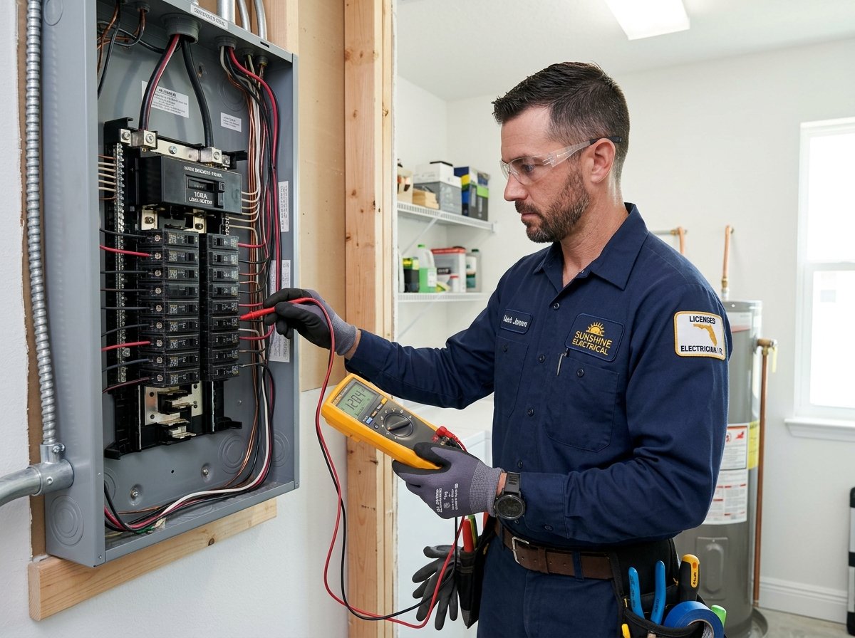 Licensed electrician troubleshooting an electrical panel with a digital multimeter in Winter Haven FL