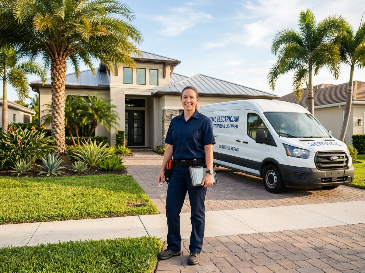 Licensed residential electrician with service van outside modern Florida home in Winter Haven ready for appointment