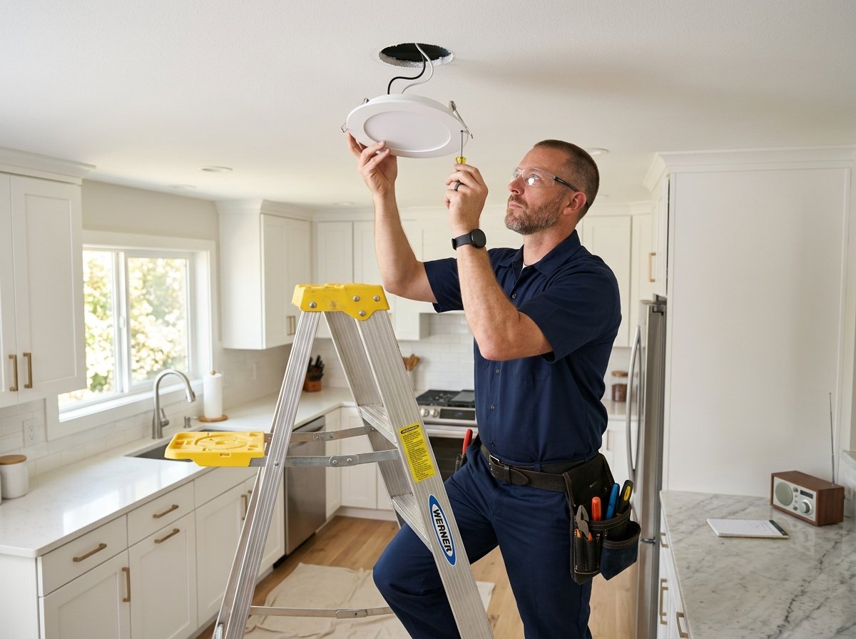 Licensed residential electrician installing modern recessed LED lighting fixture in clean Florida kitchen