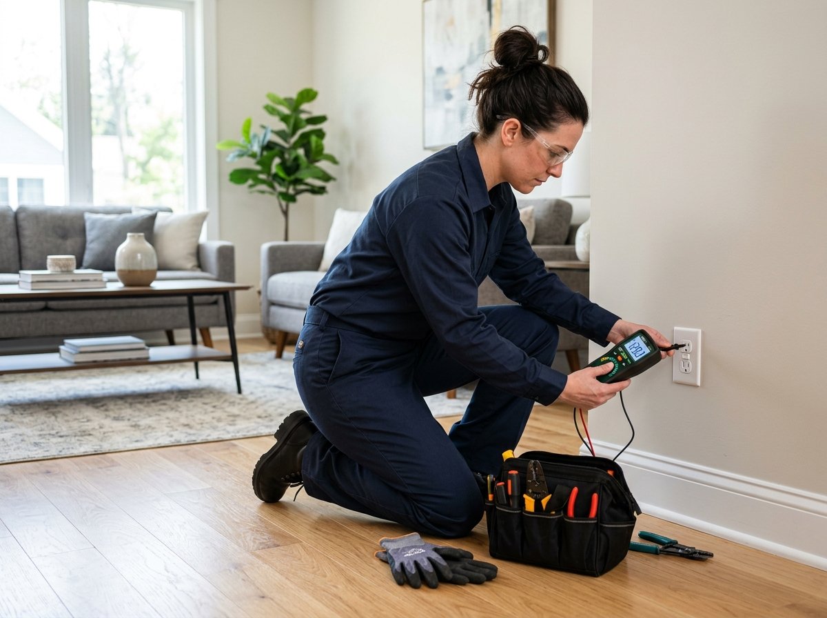 Licensed residential electrician testing wall outlet circuit voltage with digital multimeter in Winter Haven home