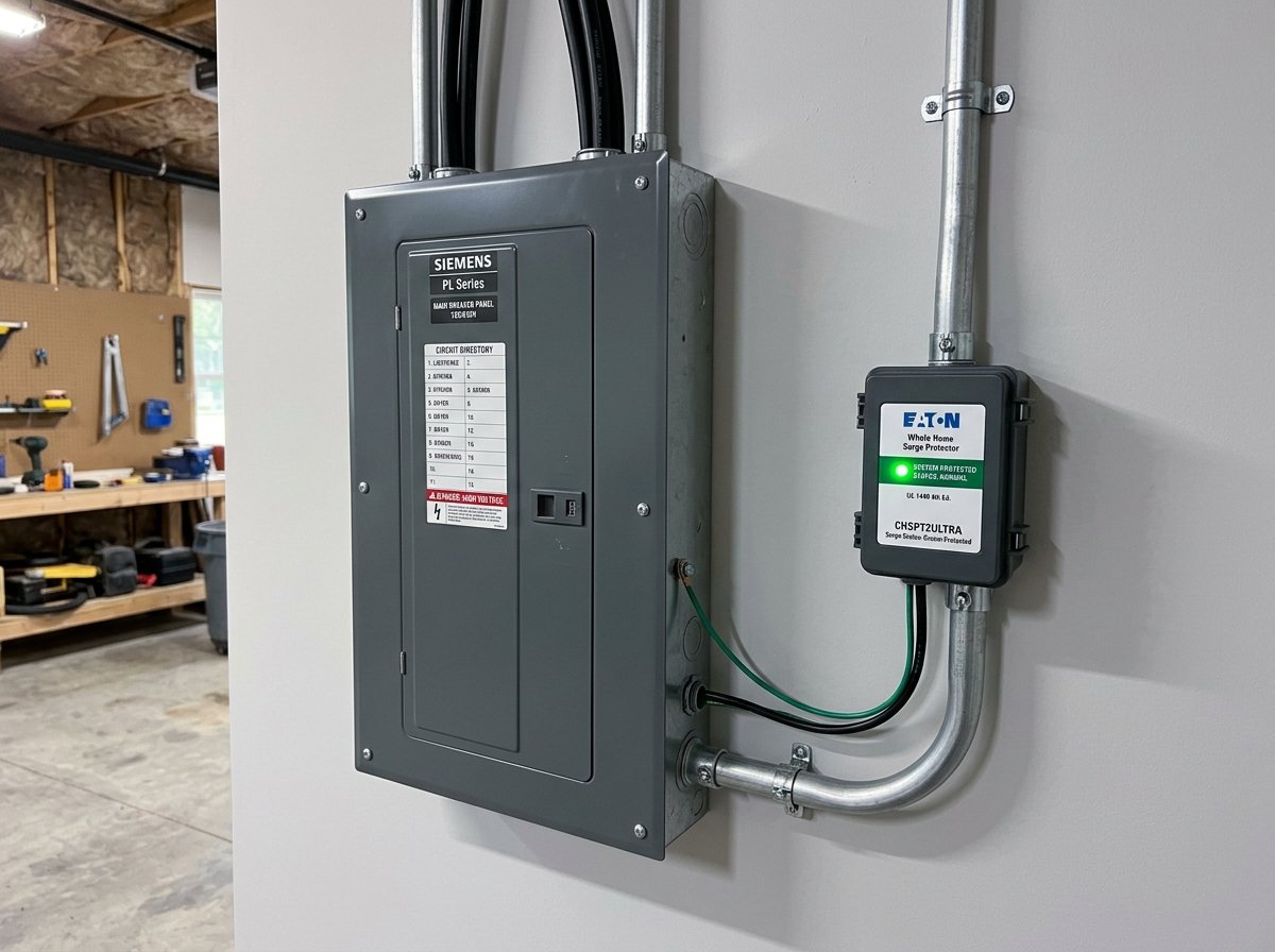 Whole home surge protection device neatly installed next to a breaker panel