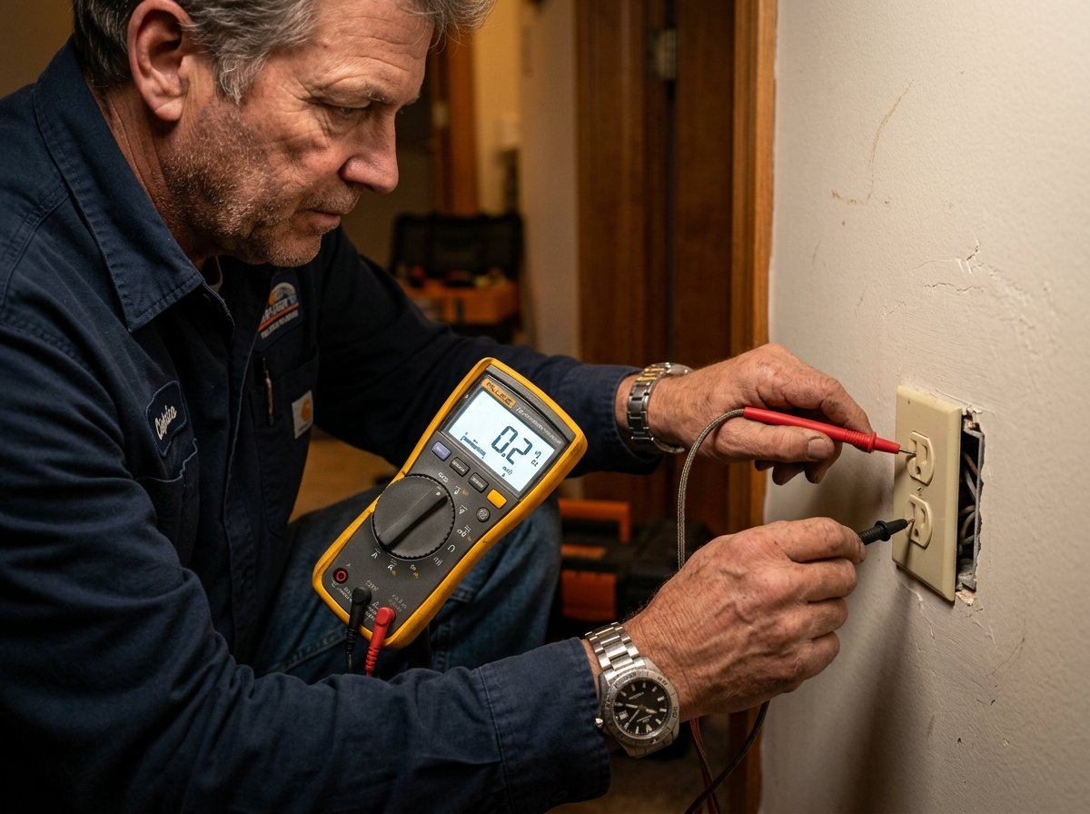 Electrician testing outlet voltage and circuit continuity with a digital multimeter